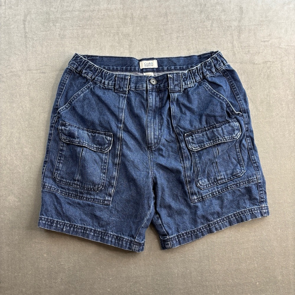 Croft & Barrow Men Cargo Short 34 Blue Denim 100% Cotton Pockets Outdoor Hiking